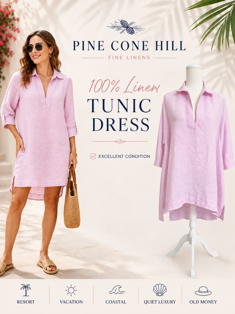 Pine Cone Hill 100% Linen Tunic Dress S/M Pink European Summer Resort Coastal